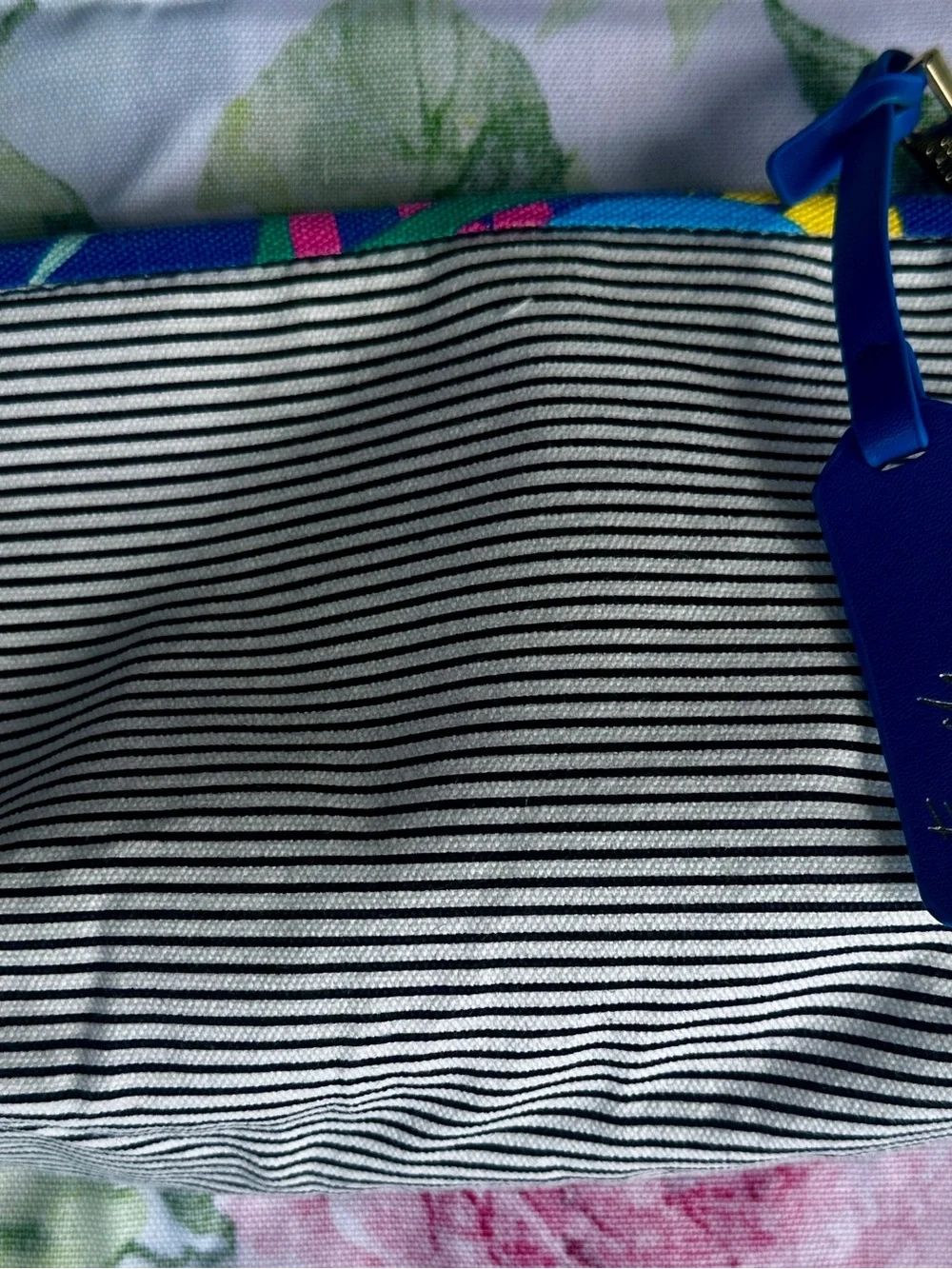 Estee Lauder Black and White Striped Cosmetic Pouch with Blue Accent